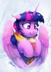 Size: 926x1289 | Tagged: safe, artist:anticular, imported from derpibooru, twilight sparkle, alicorn, pony, clothes, coffee cup, cup, cute, female, floppy ears, mare, scarf, snow, solo, twiabetes, twilight sparkle (alicorn), unshorn fetlocks, winter