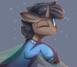 Size: 2490x2160 | Tagged: safe, artist:janelearts, imported from derpibooru, oc, oc only, oc:rosie clockwork, changeling, bust, changeling oc, clothes, fangs, looking at you, one eye closed, portrait, smiling, solo, spread wings, sweater, wings, wink, winking at you