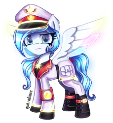 Size: 2917x3178 | Tagged: safe, artist:opal_radiance, imported from derpibooru, oc, oc only, oc:opal rosamond, pegasus, pony, equestria at war mod, armband, boots, cap, clothes, hat, looking at you, military, ponysona, shoes, simple background, solar empire, spread wings, transparent background, uniform, wings