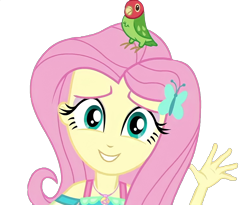 Size: 1622x1330 | Tagged: safe, edit, edited screencap, imported from derpibooru, screencap, fluttershy, bird, parrot, equestria girls, equestria girls series, outtakes (episode), background removed, female, looking at you, not a vector, simple background, transparent background