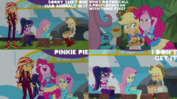 Size: 1280x720 | Tagged: safe, edit, edited screencap, editor:quoterific, imported from derpibooru, screencap, applejack, fluttershy, pinkie pie, rarity, sci-twi, sunset shimmer, twilight sparkle, equestria girls, equestria girls series, sunset's backstage pass!, spoiler:eqg series (season 2), applejack's hat, clothes, cowboy hat, cutie mark on clothes, eyes closed, female, food, geode of sugar bombs, geode of super strength, hat, magical geodes, music festival outfit, nose in the air, open mouth, open smile, pancakes, smiling, uvula, volumetric mouth