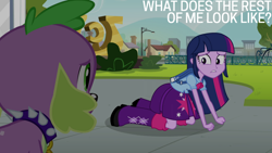 Size: 1920x1080 | Tagged: safe, edit, edited screencap, editor:quoterific, imported from derpibooru, screencap, spike, twilight sparkle, dog, equestria girls, equestria girls (movie), backpack, boots, clothes, cutie mark on clothes, duo, female, male, shoes, spike the dog, statue, text