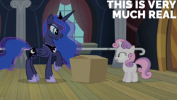 Size: 1920x1080 | Tagged: safe, edit, edited screencap, editor:quoterific, imported from derpibooru, screencap, princess luna, sweetie belle, alicorn, pony, unicorn, for whom the sweetie belle toils, season 4, box, crown, duo, female, filly, foal, jewelry, mare, open mouth, reality ensues, regalia, text