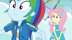 Size: 3410x1920 | Tagged: safe, imported from derpibooru, screencap, fluttershy, rainbow dash, equestria girls, equestria girls series, rollercoaster of friendship, clothes, cutie mark on clothes, duo, duo female, female, geode of fauna, geode of super speed, hairpin, high res, hoodie, jewelry, magical geodes, necklace, smiling