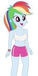 Size: 1112x2202 | Tagged: safe, edit, edited screencap, editor:ah96, imported from derpibooru, screencap, rainbow dash, equestria girls, background removed, belly button, breast edit, breasts, clothes, female, midriff, not a vector, open mouth, open smile, shorts, simple background, smiling, solo, sports bra, sports shorts, transparent background