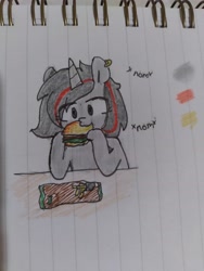 Size: 3120x4160 | Tagged: safe, artist:seylan, imported from derpibooru, oc, oc only, pony, unicorn, burger, ear piercing, earring, eating, food, jewelry, lined paper, nom, piercing, solo, traditional art