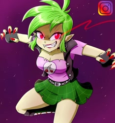 Size: 1080x1152 | Tagged: safe, artist:the-butch-x, imported from derpibooru, cherry crash, undead, vampire, equestria girls, background human, bite mark, boots, breasts, busty cherry crash, cleavage, clothes, cool, ear piercing, earring, edgy, fangs, female, fingerless gloves, gloves, glowing, glowing eyes, grin, hooped earrings, instagram, jewelry, looking at you, miniskirt, nail polish, plaid skirt, red eyes, shoes, skirt, smiling, smiling at you, solo