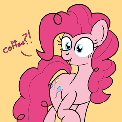 Size: 2000x2000 | Tagged: safe, artist:dafiltafish, imported from derpibooru, pinkie pie, earth pony, pony, excited, exclamation point, interrobang, pinkie found the coffee, question mark, simple background, solo, text, xk-class end-of-the-world scenario