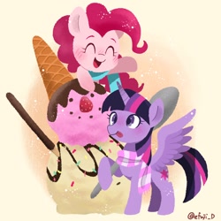 Size: 2048x2048 | Tagged: safe, artist:efuji_d, imported from derpibooru, pinkie pie, twilight sparkle, alicorn, earth pony, pony, blushing, clothes, cute, duo, eyes closed, female, food, giant food, ice cream, ice cream cone, mare, open mouth, open smile, scarf, smiling, snowman, spoon, strawberry, tongue out, twilight sparkle (alicorn)