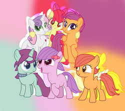 Size: 1280x1136 | Tagged: safe, artist:lillianlover2007, imported from derpibooru, apple bloom, scootaloo, sweetie belle, earth pony, pegasus, pony, unicorn, berrywine, cutie mark crusaders, g4, g5, g5 to g4, holly breeze, jinx (g5), my little pony: a new generation
