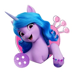 Size: 768x768 | Tagged: safe, imported from derpibooru, izzy moonbow, pony, unicorn, 2d, 3d, button, cute, g5, heart, izzybetes, my little pony: a new generation, official, pin, raised hoof, social media, vkontakte