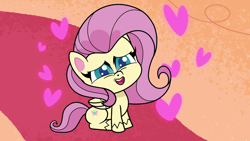 Size: 1920x1080 | Tagged: safe, imported from derpibooru, screencap, fluttershy, pegasus, pony, dol-fin-ale, my little pony: pony life, cute, female, floating heart, g4.5, heart, mare, shyabetes, sitting, solo