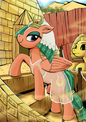 Size: 1024x1449 | Tagged: safe, artist:neoshrek, imported from derpibooru, somnambula, pegasus, pony, egyptian, egyptian headdress, egyptian pony, eyeshadow, female, folded wings, hooves, lidded eyes, makeup, mare, purple eyes, smiling, solo, stairs, wings