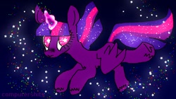 Size: 828x464 | Tagged: safe, artist:cutiesparke, imported from derpibooru, twilight sparkle, alicorn, pony, ethereal mane, female, floating, flying, glowing, glowing horn, horn, magic, solo, space, starry eyes, starry mane, stars, twilight sparkle (alicorn), watermark, wingding eyes