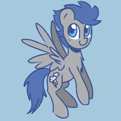 Size: 2048x2048 | Tagged: safe, artist:juulatte, imported from derpibooru, oc, oc only, oc:little bolt, pegasus, pony, blue background, blue eyes, blue mane, blue tail, chest fluff, flying, freckles, full body, gray coat, high res, hooves, looking at you, male, pegasus oc, simple background, smiling, smiling at you, solo, spread wings, stallion, tail, wings