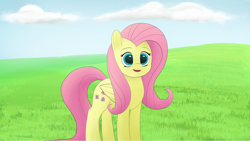 Size: 3840x2160 | Tagged: safe, artist:astralr, imported from derpibooru, fluttershy, pegasus, pony, cloud, cute, daaaaaaaaaaaw, female, grass, mare, open mouth, shyabetes, sky, solo