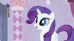 Size: 1920x1080 | Tagged: safe, imported from derpibooru, screencap, rarity, pony, unicorn, season 2, sisterhooves social, blue eyes, boutique, cute, eyelashes, female, horn, looking at each other, looking at someone, mare, open mouth, open smile, raribetes, smiling, solo