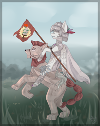 Size: 2403x3024 | Tagged: safe, imported from derpibooru, oc, oc:light knight, manticore, pegasus, armor, cavalry, flag, flower, knight, rose, sky, sun