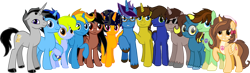 Size: 5000x1450 | Tagged: safe, artist:crisostomo-ibarra, imported from derpibooru, oc, oc only, oc:aspen, oc:author penfeather, oc:bright idea, oc:chaud starpower, oc:connie the casanova, oc:cyber gamer, oc:midnight shadows, oc:paint sketch, oc:princess fantasy star, oc:radiant sword, oc:ryan, oc:silvermane, oc:summer sketch, alicorn, earth pony, pegasus, pony, unicorn, derpibooru community collaboration, 2022 community collab, alicorn oc, earth pony oc, female, folded wings, glasses, grin, group, high res, hooves, horn, jewelry, looking at you, male, mare, necklace, peace symbol, pegasus oc, raised hoof, simple background, smiling, smiling at you, stallion, standing, transparent background, two toned mane, unicorn oc, unshorn fetlocks, wall of tags, watch, wings