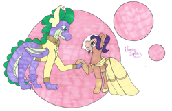 Size: 1280x827 | Tagged: safe, artist:flamirasplitz, imported from derpibooru, scootaloo, spike, dragon, pegasus, pony, clothes, dress, female, holding hooves, looking at each other, looking at someone, male, marriage, older, older scootaloo, older spike, quadrupedal spike, request, scootaspike, shipping, straight, veil, wedding, wedding dress, winged spike, wings