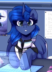 Size: 1000x1400 | Tagged: safe, artist:shadowreindeer, imported from derpibooru, mare do well, princess luna, alicorn, pony, robot, robot pony, computer, connor, connor luna, crossover, detroit: become human, female, looking at you, mare, poster, rk900, solo