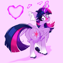 Size: 2500x2500 | Tagged: safe, artist:rurihal, imported from derpibooru, twilight sparkle, alicorn, pony, blushing, butt, cheek fluff, coat markings, dock, ear fluff, glowing, glowing horn, heart, horn, pink background, plot, simple background, socks (coat markings), solo, tail, twibutt, twilight sparkle (alicorn)