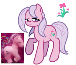 Size: 1200x1024 | Tagged: safe, artist:kukie, derpibooru exclusive, imported from derpibooru, pony, bootleg, cutie mark, depressed, female, flower, looking away, pink body, poney a cojffer, poney à coiffer, purple eyes, raised hoof, show accurate, simple background, solo, tired eyes, toy, white background