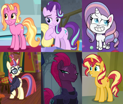 Size: 1905x1606 | Tagged: safe, edit, edited screencap, imported from derpibooru, screencap, luster dawn, moondancer, potion nova, starlight glimmer, sunset shimmer, tempest shadow, pony, unicorn, equestria girls, equestria girls series, forgotten friendship, horse play, my little pony: pony life, my little pony: the movie, the last problem, the point of no return, broken horn, clothes, cropped, female, g4, g4.5, glasses, horn, mare, pony surfin' safari, scar, sparkle six, sweater