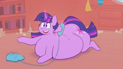 Size: 1920x1080 | Tagged: safe, artist:secretgoombaman12345, imported from derpibooru, twilight sparkle, pony, unicorn, belly, big belly, butt, fat, female, glowing, glowing horn, golden oaks library, horn, huge belly, large butt, lying down, magic, mare, obese, open mouth, order, phone, plot, prone, telekinesis, twilard sparkle, twilight has a big ass, unicorn twilight, youtube link in the description