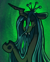 Size: 2423x3025 | Tagged: safe, artist:greatspacebeaver, imported from derpibooru, queen chrysalis, changeling, changeling queen, crown, female, glowing, glowing eyes, jewelry, puppet, regalia, solo