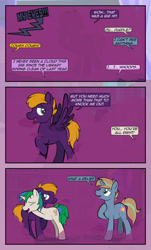 Size: 1920x3169 | Tagged: safe, artist:alexdti, imported from derpibooru, oc, oc only, oc:brainstorm (alexdti), oc:dark purple, oc:purple creativity, oc:star logic, pegasus, pony, unicorn, comic:quest for friendship, blue eyes, comic, dialogue, ears back, eyes closed, frown, green eyes, high res, hoof on chest, hooves, horn, hug, lidded eyes, male, offscreen character, open mouth, open smile, pegasus oc, raised hoof, raised leg, shadow, smiling, speech bubble, spread wings, stallion, standing, tail, trio, two toned mane, two toned tail, unicorn oc, wings, yelling