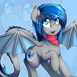 Size: 800x800 | Tagged: safe, artist:thebatfang, imported from derpibooru, oc, oc only, oc:blumoon, bat pony, pony, bat pony oc, female, open mouth, raised hoof, solo, spread wings, wings, zoom layer