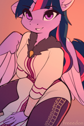 Size: 2000x3000 | Tagged: safe, artist:freeedon, imported from derpibooru, part of a set, twilight sparkle, alicorn, anthro, fanfic:my little pony: the unexpected future, clothes, ear fluff, female, looking at you, simple background, solo, twilight sparkle (alicorn)
