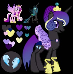 Size: 1078x1096 | Tagged: safe, artist:teonnakatztkgs, imported from derpibooru, princess cadance, queen chrysalis, oc, alicorn, changeling, changeling queen, changepony, hybrid, pony, alicorn oc, base used, female, heart, heartbreak, heterochromia, hoof shoes, horn, interspecies offspring, magical lesbian spawn, offspring, parent:princess cadance, parent:queen chrysalis, parents:cadalis, smiling, wings