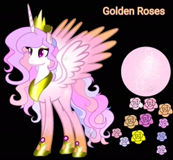 Size: 1536x1417 | Tagged: safe, artist:teonnakatztkgs, imported from derpibooru, oc, oc only, alicorn, pony, alicorn oc, base used, black background, female, flower, hoof shoes, horn, jewelry, mare, peytral, rose, simple background, smiling, solo, tiara, wings