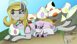 Size: 2100x1200 | Tagged: safe, artist:gray star, derpibooru exclusive, imported from derpibooru, oc, oc:gray star, ponyta, bow, egg (food), female, food, glasses, hair bow, happy, lying down, mare, pokémon