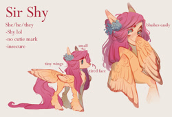 Size: 1280x875 | Tagged: safe, artist:2chocolatecookie2, imported from derpibooru, fluttershy, pegasus, pony, alternate design, blank flank, blushing, female, flower, flower in hair, hiding behind wing, kinsona, leg fluff, mare, missing cutie mark, pronouns, simple background, smiling, solo, tail, tail feathers, white background, wings