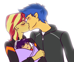 Size: 1200x1006 | Tagged: safe, artist:miserisyt, imported from derpibooru, flash sentry, sunset shimmer, oc, oc:orphelia sentry, human, equestria girls, baby, female, flashimmer, kiss on the lips, kissing, male, offspring, parent:flash sentry, parent:sunset shimmer, parents:flashimmer, shipping, straight