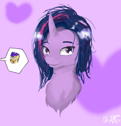 Size: 1920x2000 | Tagged: safe, artist:pwnagespartan, imported from derpibooru, flash sentry, twilight sparkle, pony, blushing, bust, female, flashlight, male, shipping, smiling, straight, wet, wet mane