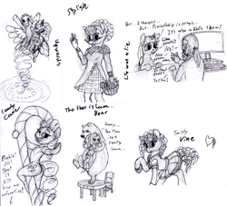 Size: 1200x1090 | Tagged: safe, artist:sepiakeys, imported from derpibooru, fluttershy, pinkie pie, twilight sparkle, twist, alicorn, anthro, bear, human, pony, monochrome, sketch, sketch dump, twilight sparkle (alicorn)