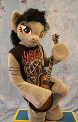 Size: 817x1280 | Tagged: safe, artist:atalonthedeer, imported from derpibooru, octavia melody, anthro, earth pony, human, pony, 2015, bedroom eyes, clothes, cosplay, costume, electric guitar, female, fursuit, guitar, hooves, irl, irl human, les paul, looking at you, musical instrument, photo, ponysuit, pose, shirt, slayer, smiling, solo, t-shirt, thrash metal