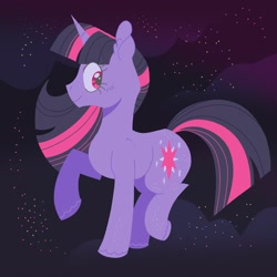 Size: 2048x2048 | Tagged: safe, artist:pastacrylic, imported from derpibooru, twilight sparkle, pony, unicorn, cloud, cute, female, mare, night, raised hoof, raised leg, solo, stars, twiabetes, unicorn twilight