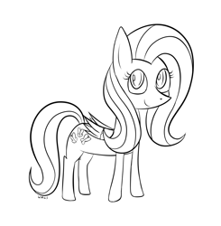 Size: 1098x1122 | Tagged: safe, artist:wapamario63, imported from ponybooru, fluttershy, pegasus, pony, female, grayscale, mare, monochrome, simple background, smiling, solo, white background, wings