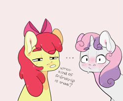 Size: 525x429 | Tagged: safe, artist:xeiphi, imported from ponybooru, apple bloom, sweetie belle, earth pony, pony, unicorn, blushing, female, filly, foal, implications, sweat