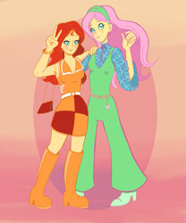 Size: 1707x2048 | Tagged: safe, artist:msmonsterpop, imported from derpibooru, fluttershy, sunset shimmer, equestria girls, 60s, 70s, abstract background, bellbottoms, boots, clothes, duo, duo female, female, hand on shoulder, height difference, high heel boots, peace sign, shoes