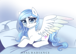 Size: 1273x900 | Tagged: safe, artist:opal_radiance, imported from derpibooru, oc, oc only, oc:opal radiance, pegasus, pony, bed, colored wings, general, looking at you, lying down, pillow, ponysona, prone, smiling, solo, sparkles, sparkly mane, spread wings, wings