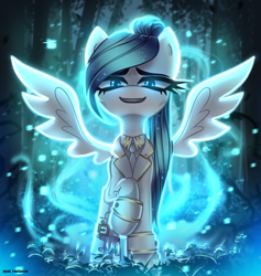 Size: 2880x3040 | Tagged: safe, artist:opal_radiance, imported from derpibooru, oc, oc only, oc:opal radiance, pegasus, pony, clothes, looking at you, magic, smiling, solo, spread wings, uniform, wings