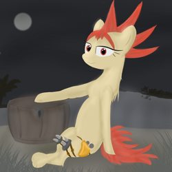 Size: 3000x3000 | Tagged: safe, artist:mitziprey, imported from ponybooru, oc, pony, fallout equestria, background, box, fallout, knee pads, mane, moon, raider, tail