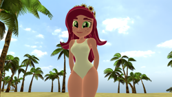 Size: 1920x1080 | Tagged: safe, artist:mr.uberrebu25, imported from derpibooru, gloriosa daisy, equestria girls, 3d, beach, beach babe, breasts, busty gloriosa daisy, clothes, hands behind back, one-piece swimsuit, palm tree, solo, swimsuit, tree, white swimsuit