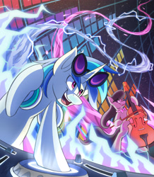 Size: 3991x4582 | Tagged: safe, artist:kaylerustone, imported from derpibooru, dj pon-3, octavia melody, vinyl scratch, earth pony, pony, unicorn, abstract background, cello, duo, female, glasses, looking down, looking right, mare, musical instrument, open mouth, open smile, smiling